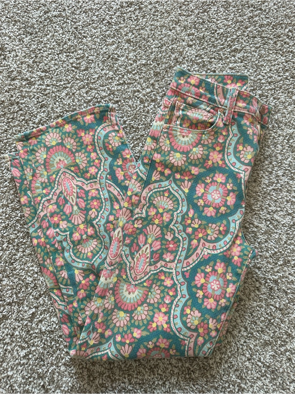 MOTHER Floral Paisley Wide-Leg Jeans - Green & Pink